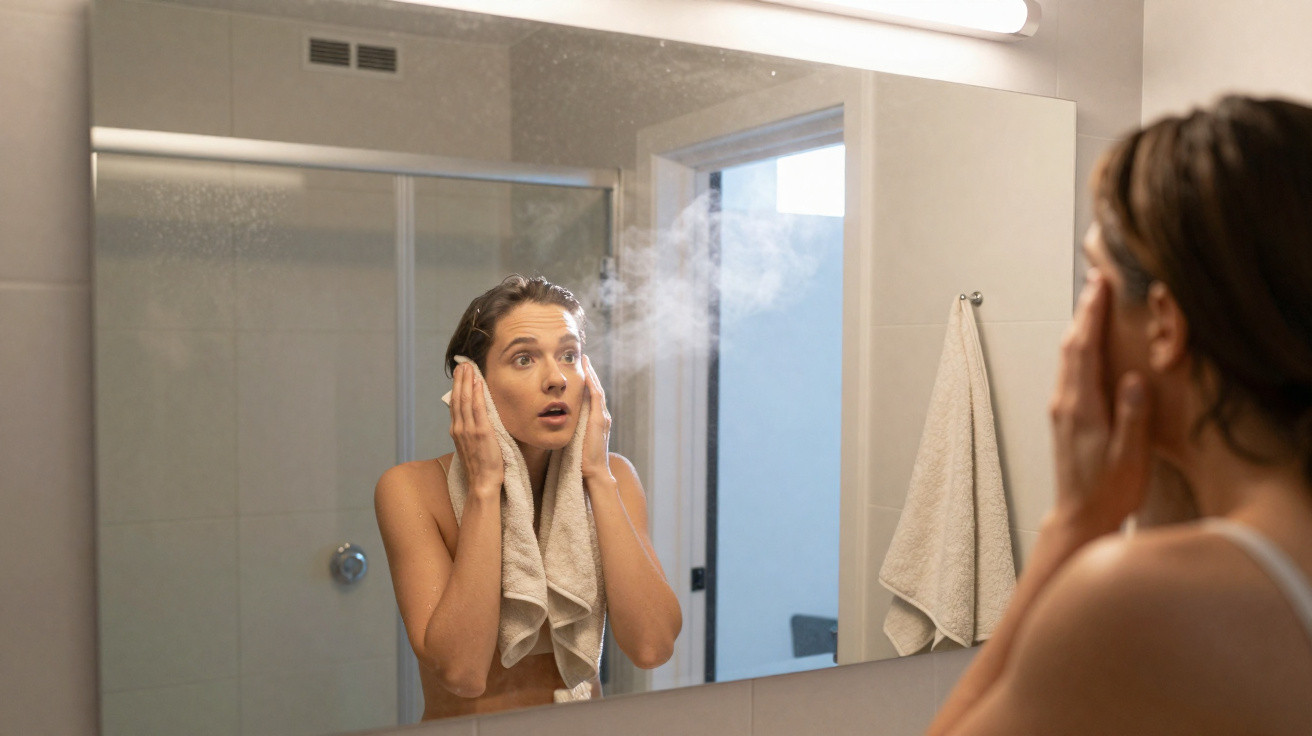 Woman with a towel on her neck looking surprised at her reflection in a steamy bathroom mirror.