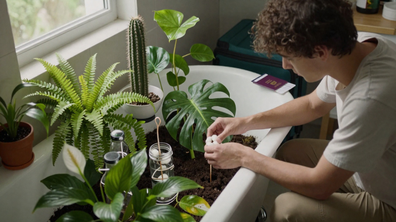 Person planting seeds in soil inside a bathtub surrounded by indoor potted plants near a window.