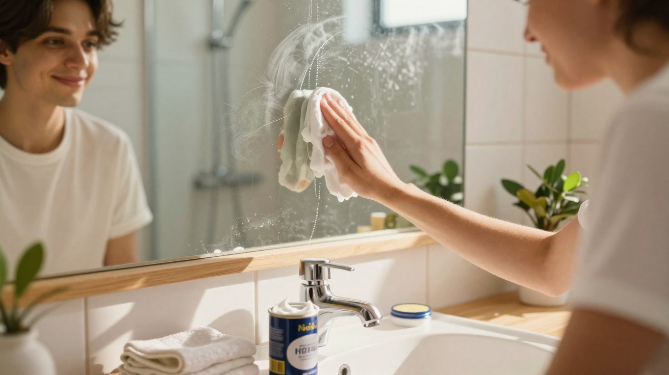 Person cleaning a bathroom mirror with a cloth, smiling at their reflection beside sink and toiletries.