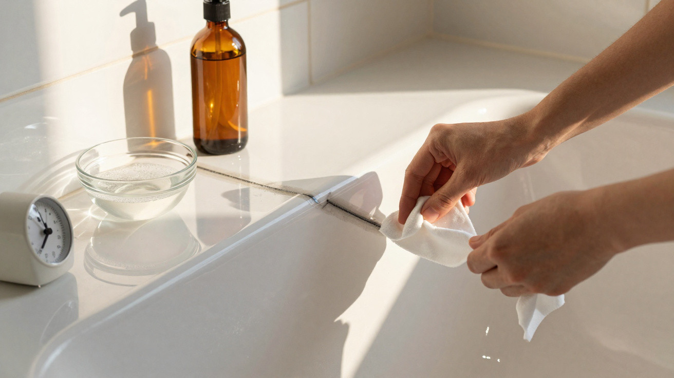 Hands cleaning bathtub grout with a cloth, a glass bowl, brown bottle, and timer on the edge in sunlight.
