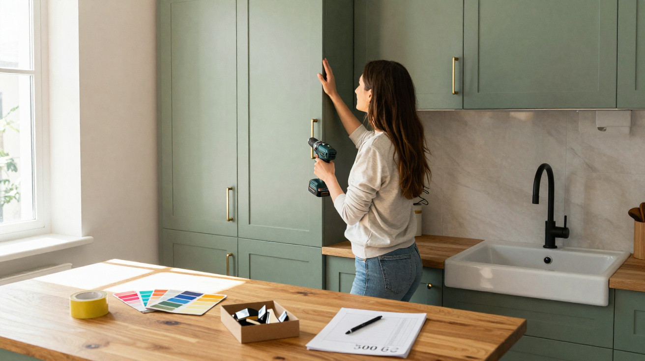 Woman holding a drill opening a kitchen cabinet in a green kitchen with renovation tools on wooden countertop.