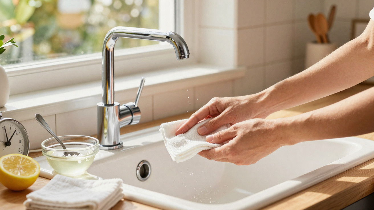 Person washing hands with a white cloth over a white kitchen sink with a chrome tap in daylight.