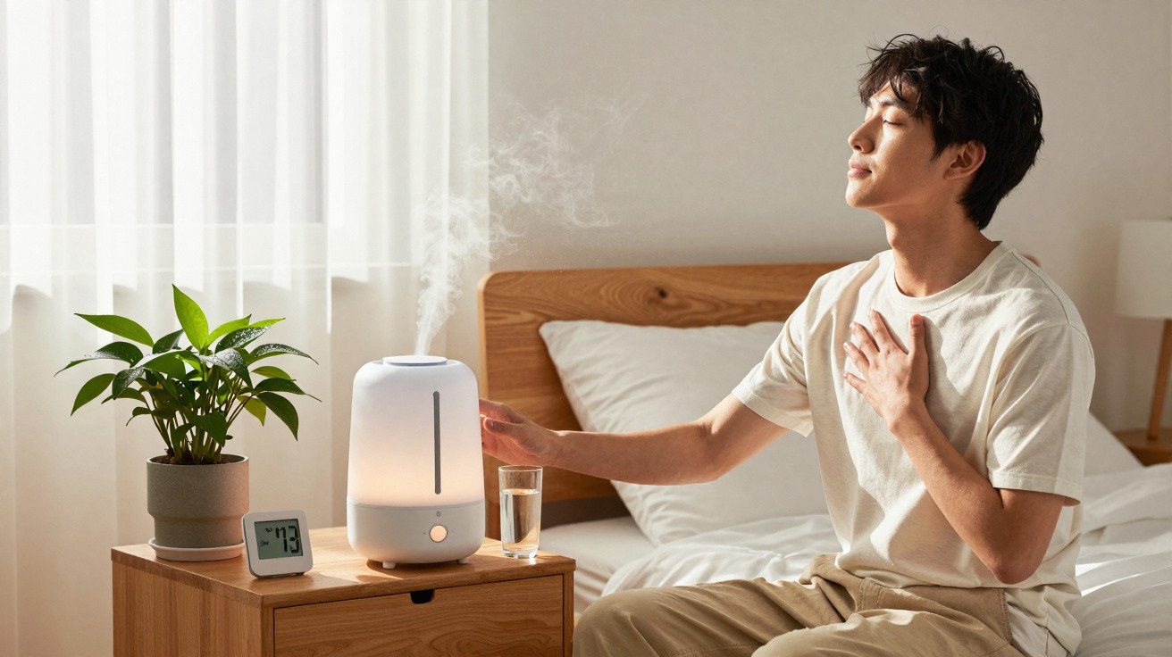 Young man relaxing with eyes closed near a diffuser on a bedside table in a bright bedroom.