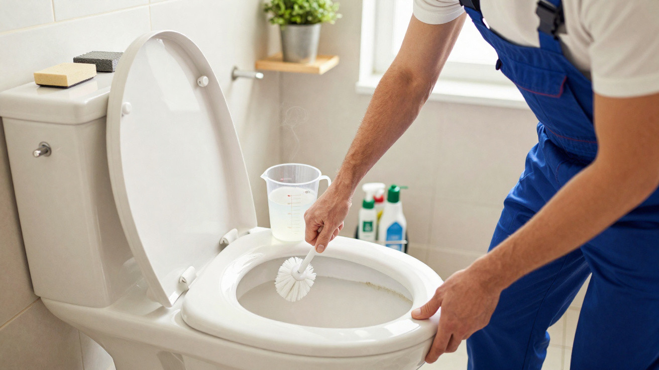 Person cleaning the inside rim of a toilet bowl with a brush in a bright bathroom.