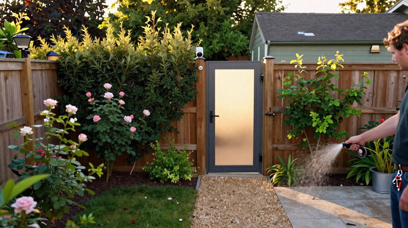 Person watering plants in a garden with a wooden fence and door at sunset.