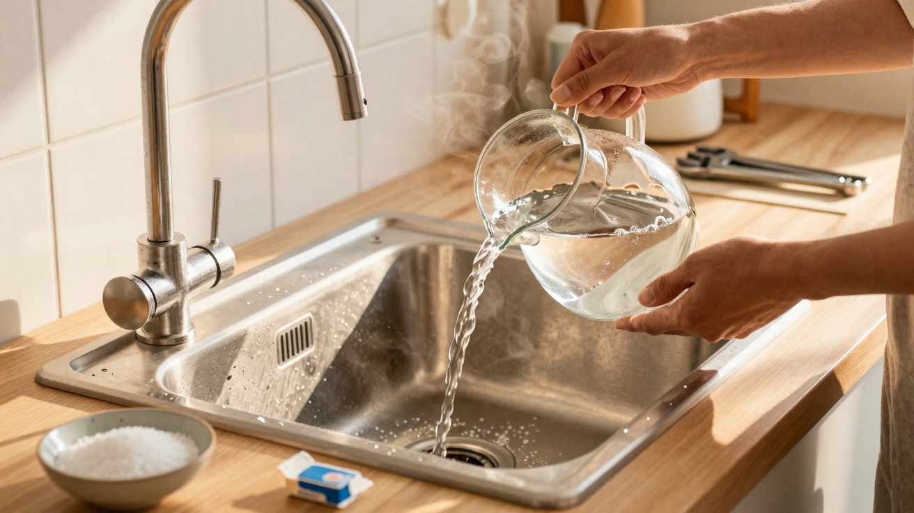 Hands pouring steaming hot water from glass jug into stainless steel kitchen sink with wooden countertop.