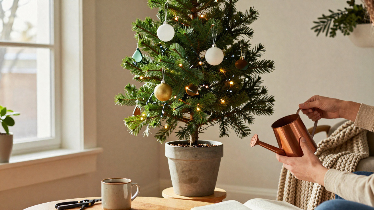 Person watering a decorated potted Christmas tree with baubles and lights near a window in a cosy room.