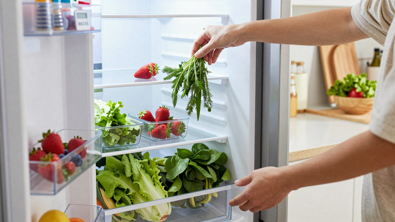 Person placing fresh carrots into a fridge filled with strawberries and leafy greens.