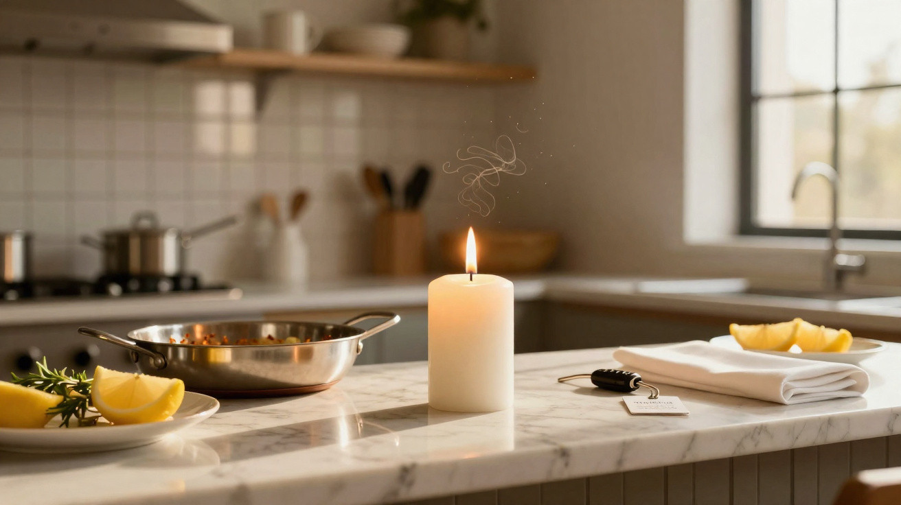Lit white candle on marble kitchen counter with lemon wedges, pan, keys, and folded napkins near window.