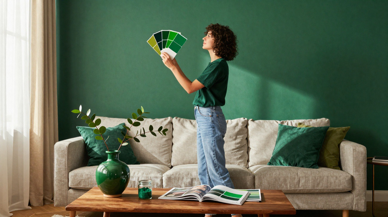 Person in casual clothes holding green paint swatches, standing in a green-walled living room with a grey sofa.