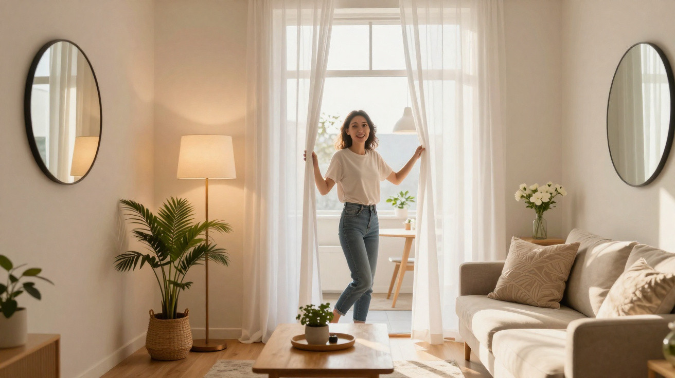 Woman opening sheer curtains in a bright, modern living room with plants and neutral decor.