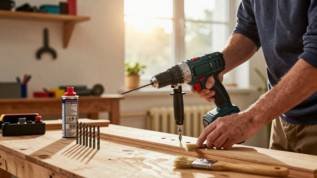 Person using a cordless drill to make a hole in a wooden plank on a workbench in a well-lit workshop.