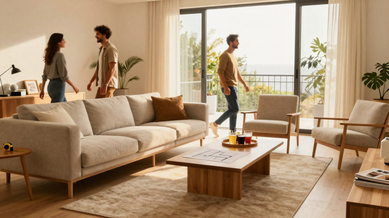 Modern living room with beige sofa, wooden furniture, large windows, and three people interacting inside.