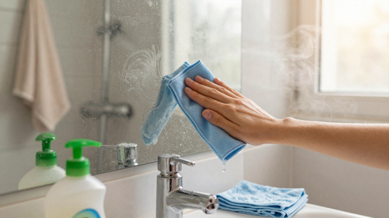 Hand wiping a steamy bathroom mirror with a blue cloth over a sink with soap dispensers nearby.