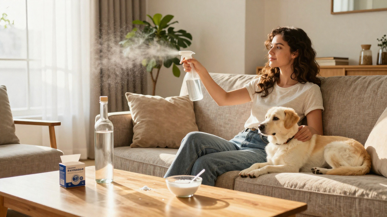 Woman sitting on a sofa spraying mist from a bottle while petting a golden retriever dog in a sunlit living room.
