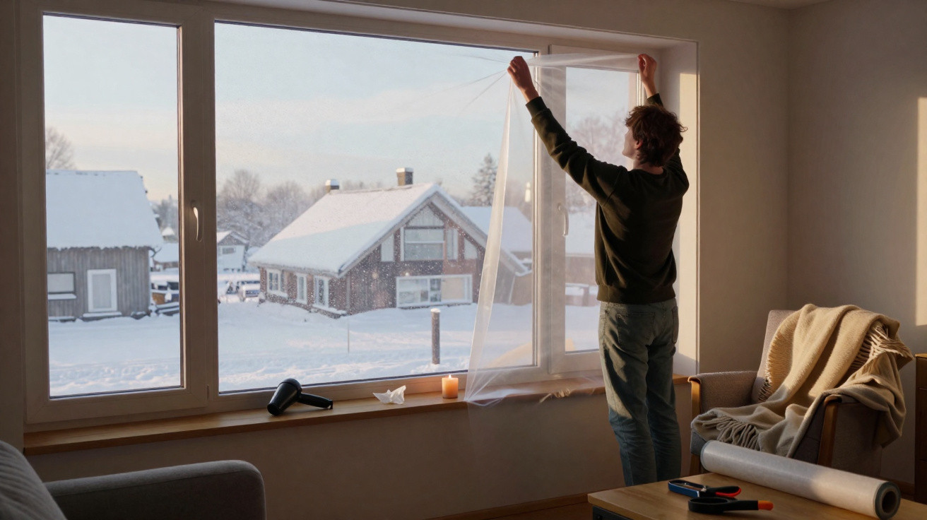 Person hanging a sheer curtain in front of a large window overlooking snow-covered houses.