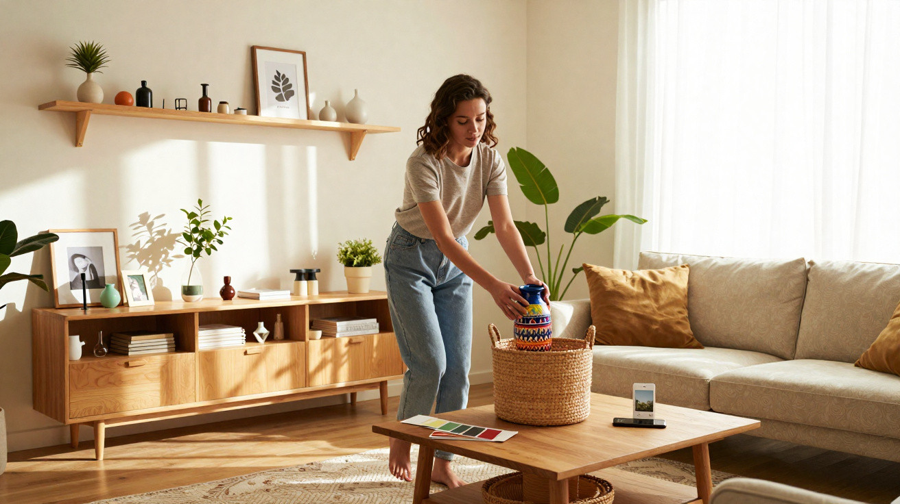 Woman tidying modern living room, placing a vase into a wicker basket by a wooden coffee table and beige sofa.