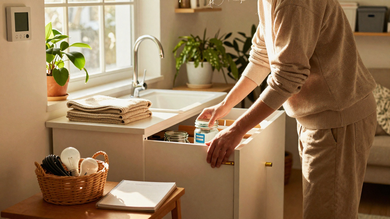 Person organising jars in a bright kitchen with plants and folded towels near a sink by a window.