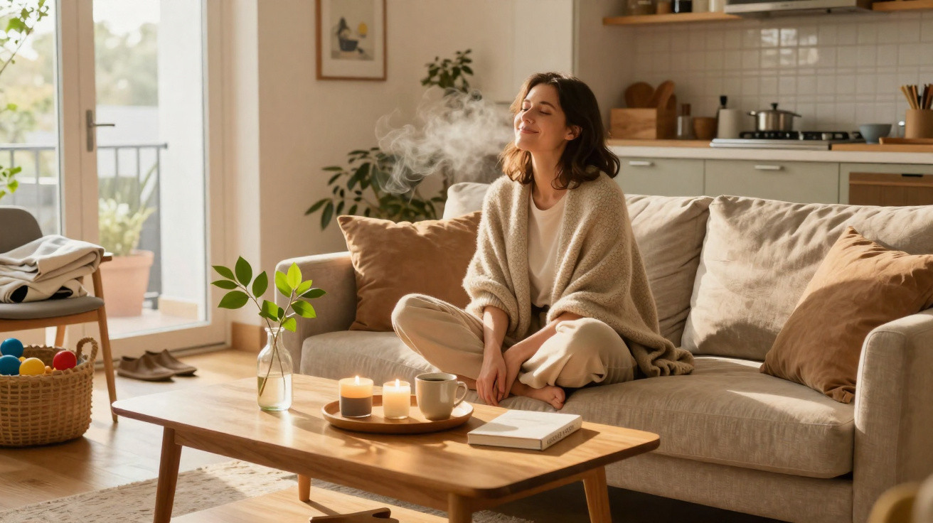 Woman sitting cross-legged on a sofa, eyes closed, enjoying the scent from lit candles on a wooden coffee table.