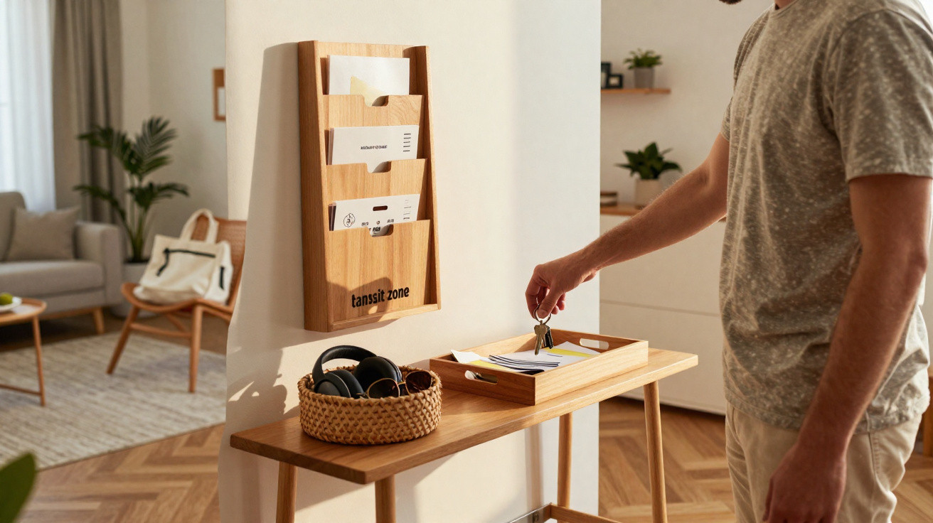 Person placing keys in a wooden tray on a hallway table with organiser and headphones basket nearby.