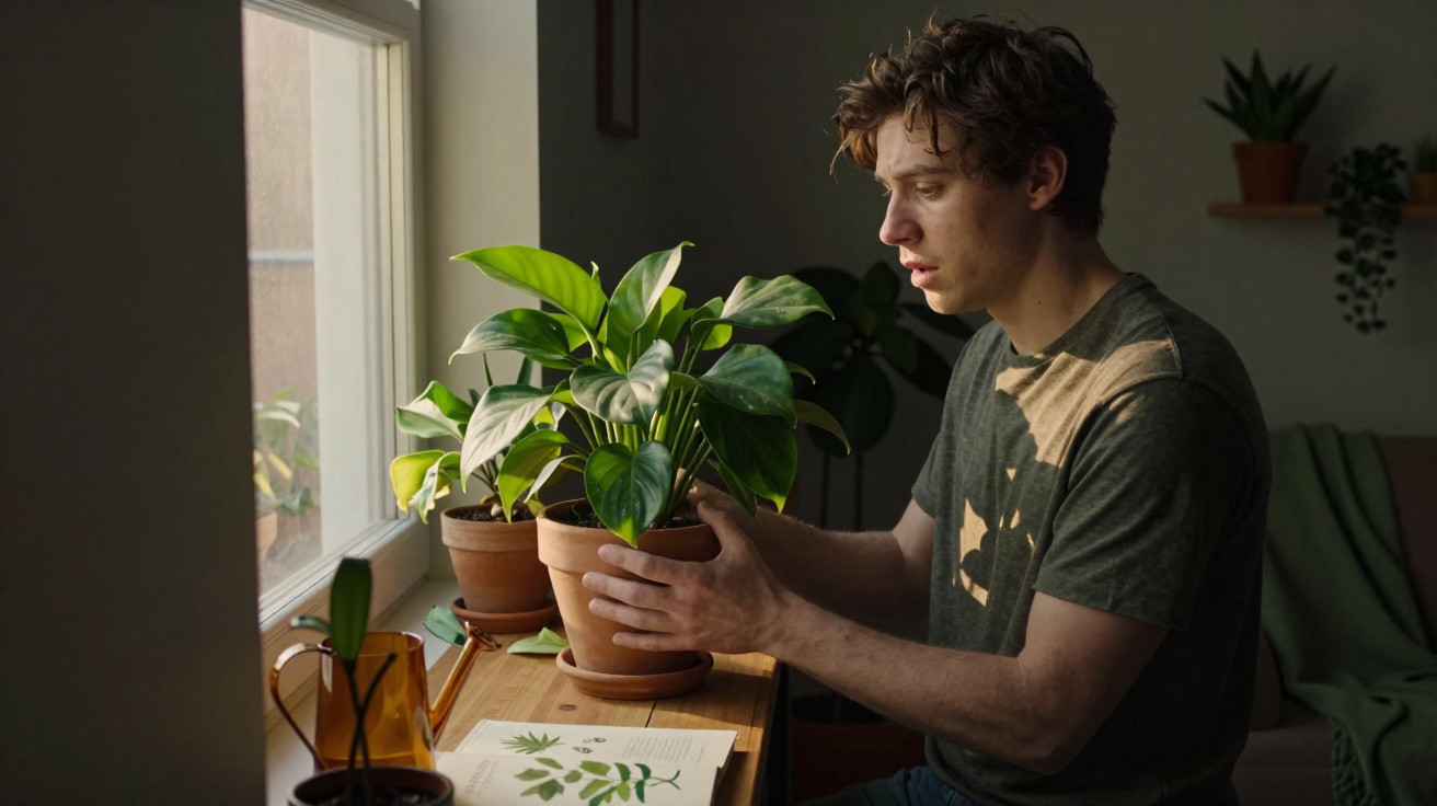 Young man examining a potted plant on a wooden table beside a window in a softly lit room.