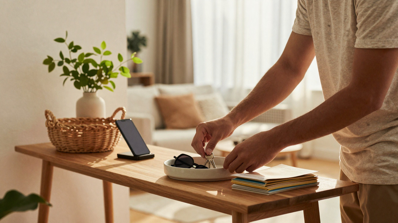 Person placing keys into a tray on a wooden table with a wicker basket and smartphone stand nearby.