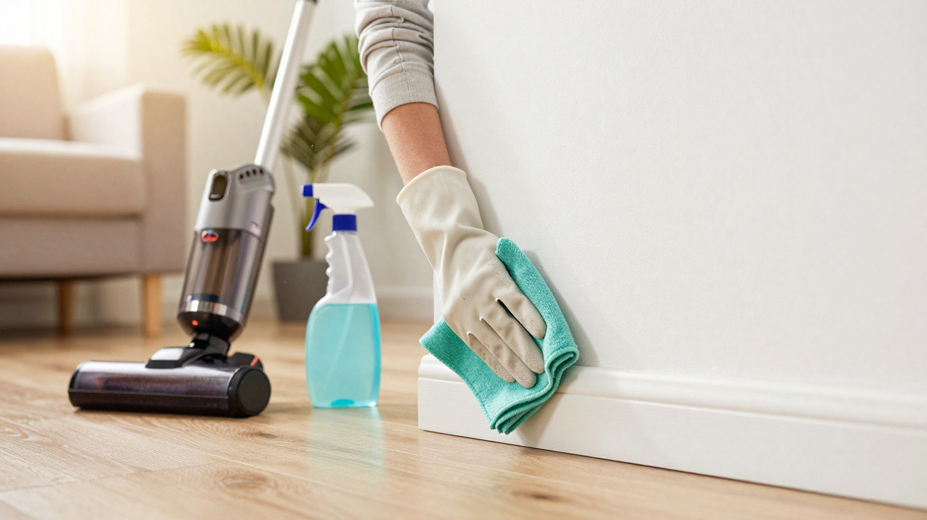 Person wearing gloves cleaning a white wall baseboard with a cloth, vacuum cleaner and spray bottle nearby on wooden floor.