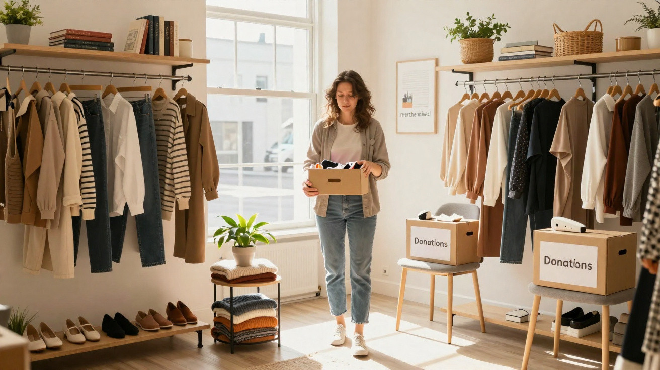 Woman holding a box of clothes in a bright room with donation boxes and racks of clothing.