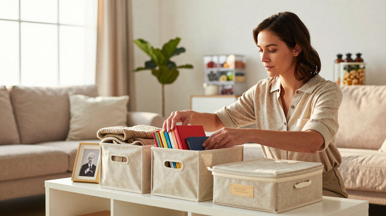 Woman organising books and blankets in fabric storage boxes on a white coffee table in a living room.