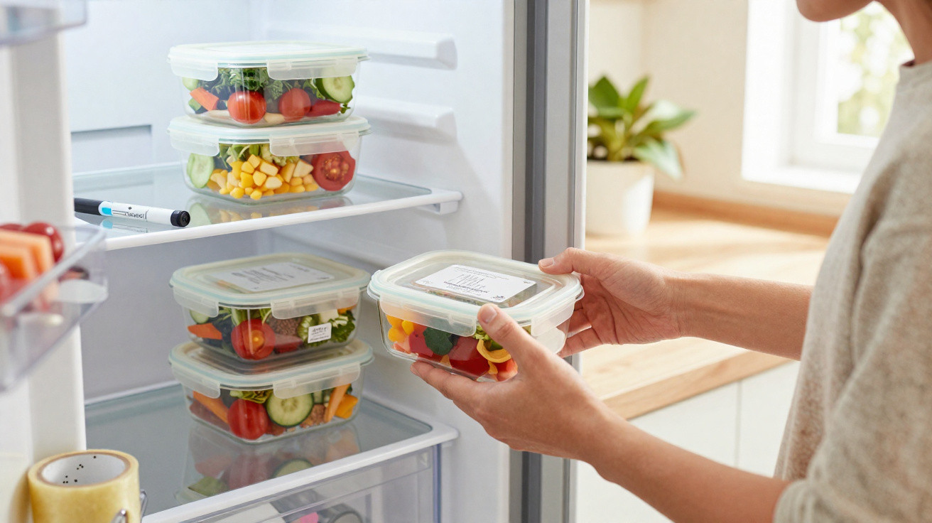Person placing a clear plastic container of chopped vegetables inside a fridge with multiple similar containers.