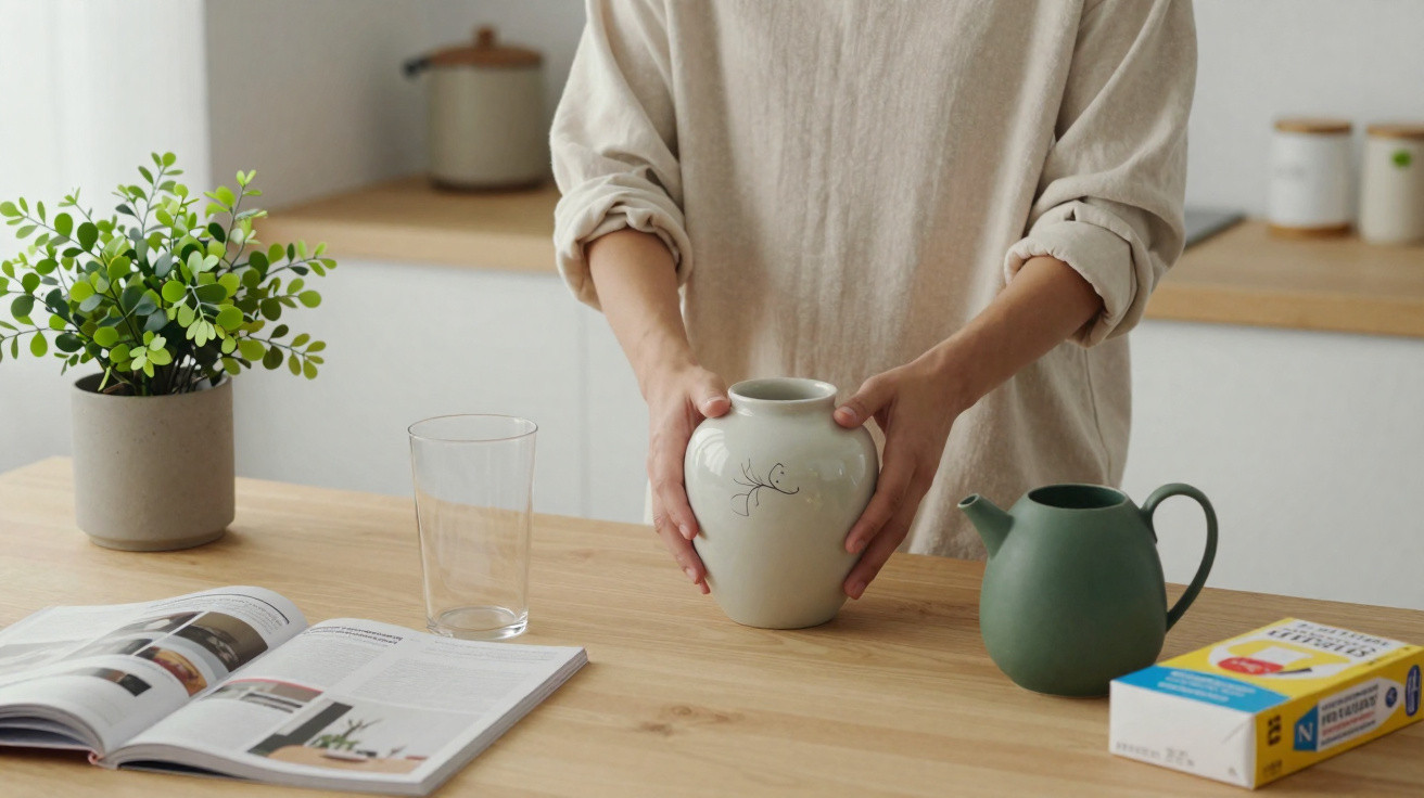 Person holding a white ceramic vase on a wooden kitchen table with a plant, glass, teapot, book, and carton.