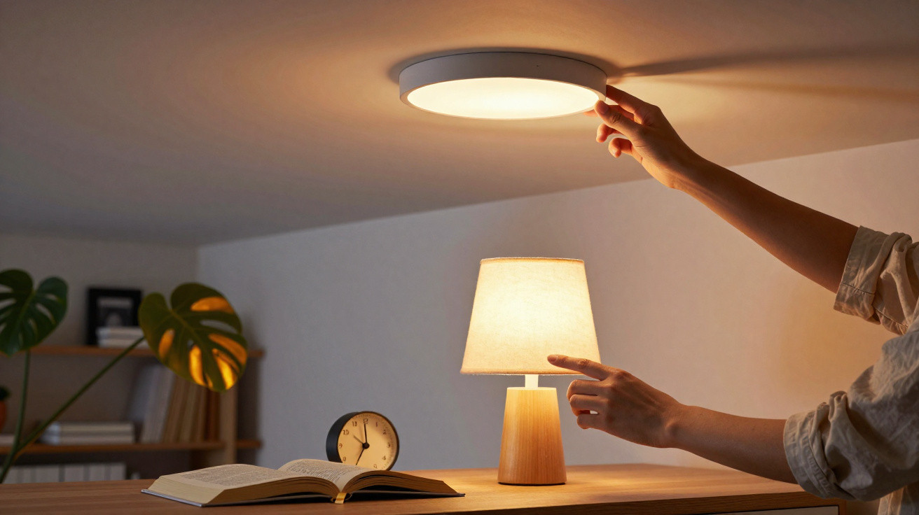 Person turning on ceiling light above a wooden table with a lamp, clock, open book, and plants in the background.