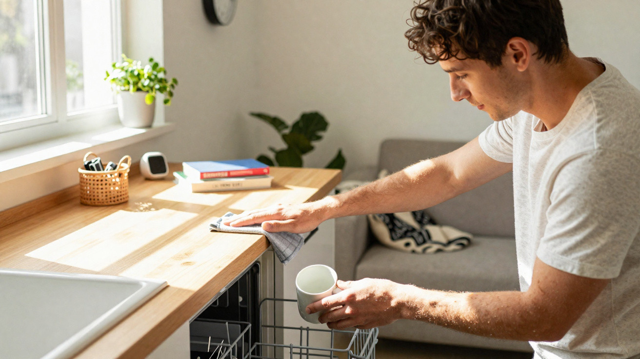 Man wiping a kitchen countertop while unloading a dishwasher in a bright room.