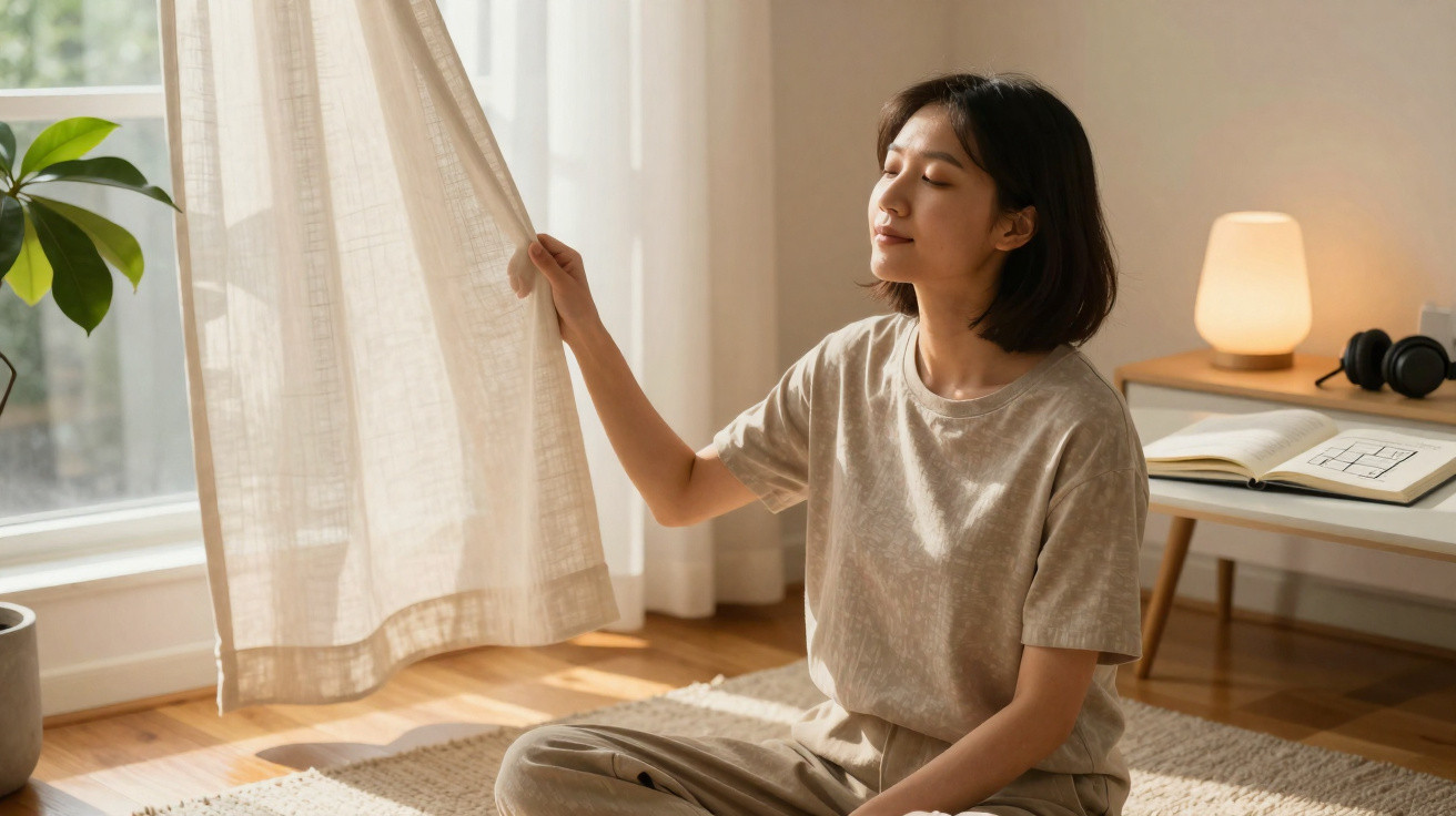 Young woman sitting cross-legged on the floor, gently holding a curtain and enjoying sunlight in a cosy room.