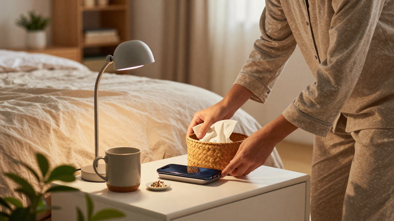 Person in pajamas placing a tissue basket on a bedside table with a lamp, phone, mug, and small dish.
