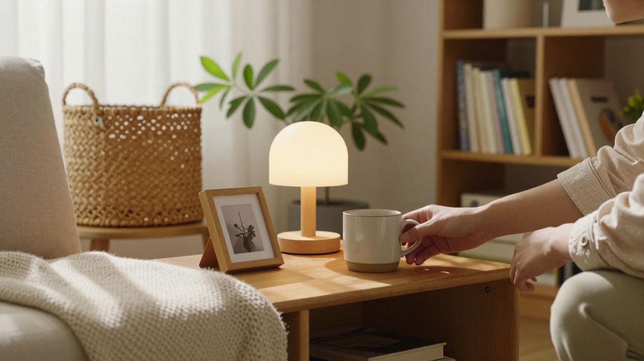 Cozy living room with a wooden table, lit lamp, framed photo, person holding a mug, and soft natural light.