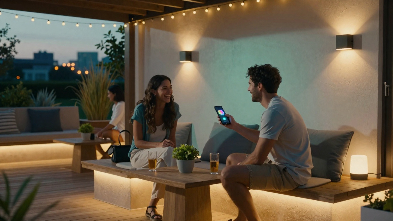 Two people sitting on a wooden outdoor bench at dusk, chatting with drinks and smartphone in hand.