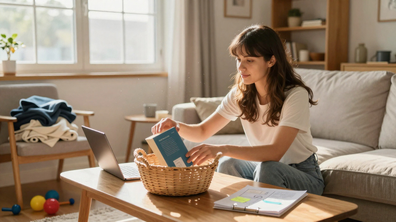 Young woman placing a book into a basket on a wooden coffee table in a bright living room.