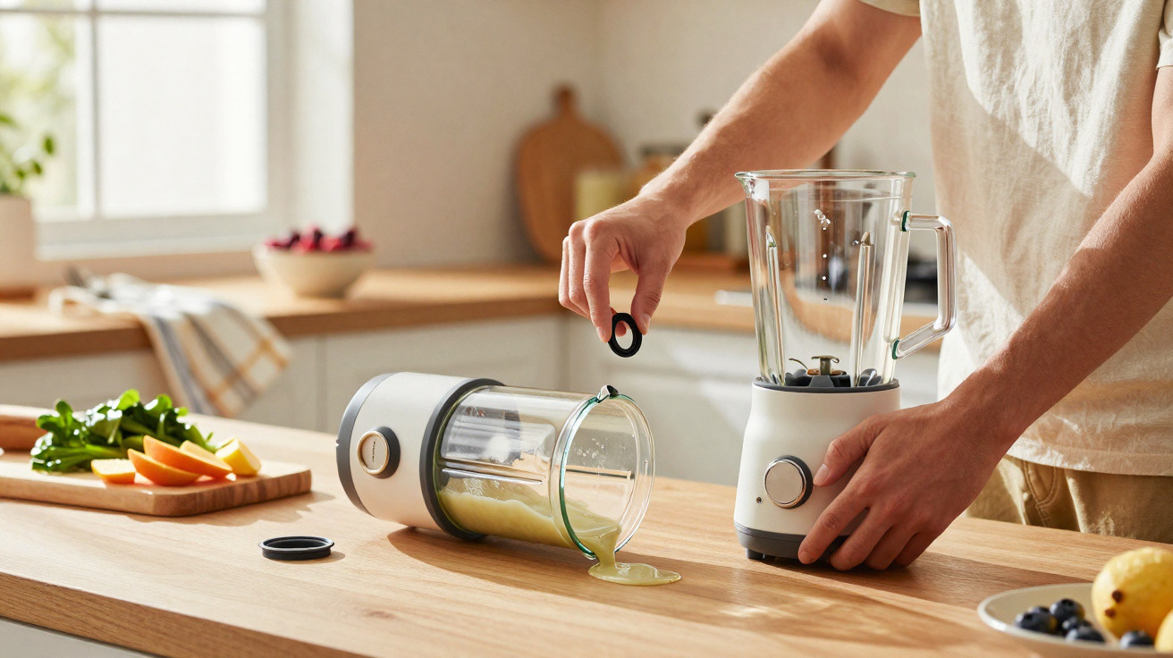 Person assembling components of two blenders on a wooden kitchen countertop with fruit and vegetables nearby.