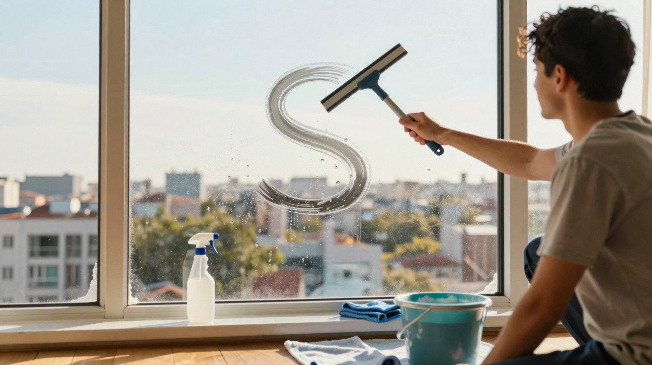 Person cleaning a large window using a squeegee, forming an S shape, with cleaning supplies nearby.