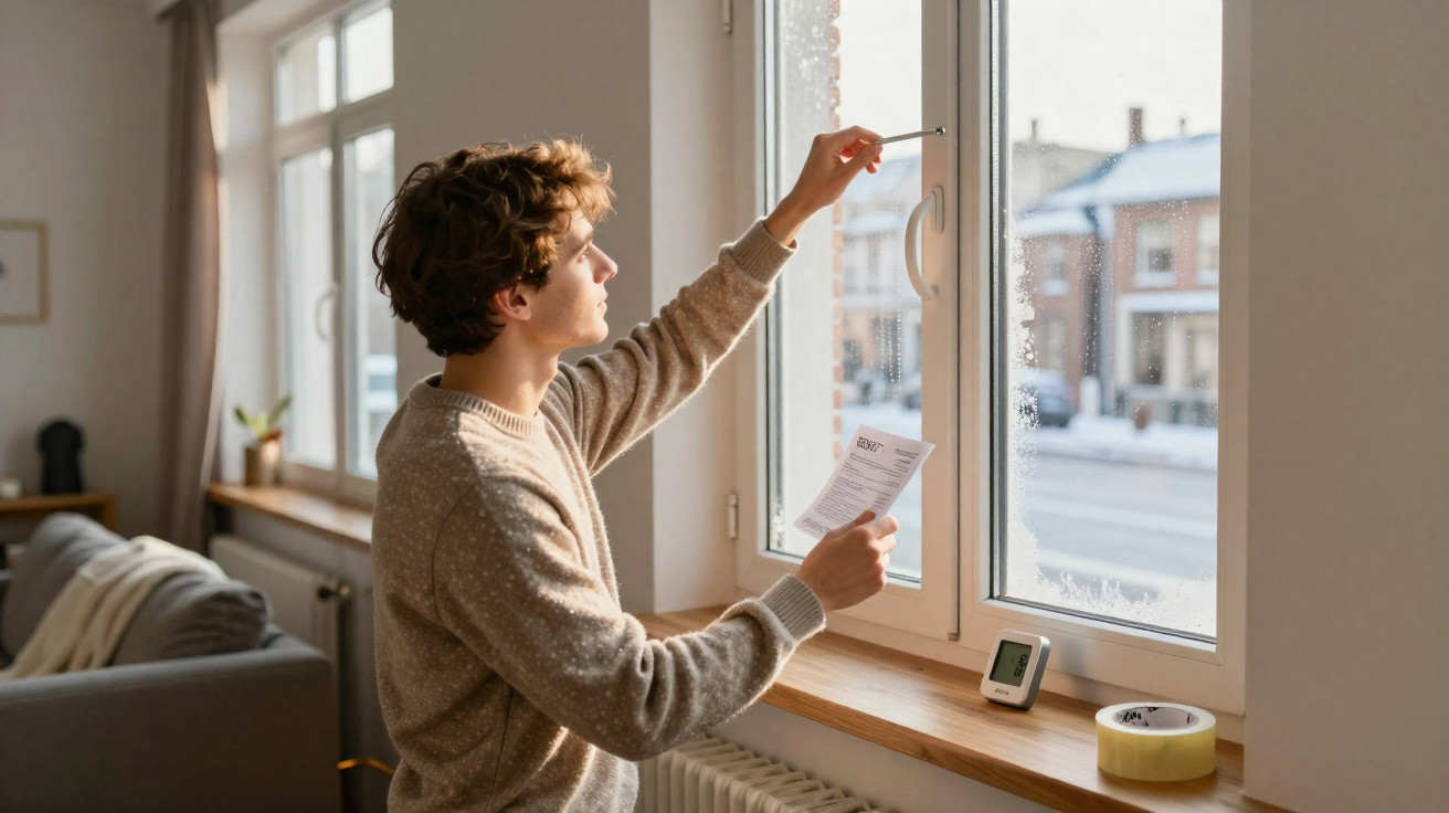 Young man scraping frost off a window indoors on a cold day holding a paper in one hand.