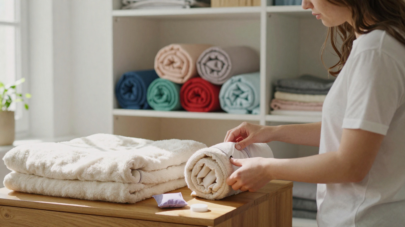 Person folding a white towel on a wooden table with rolled towels in the background on shelves.
