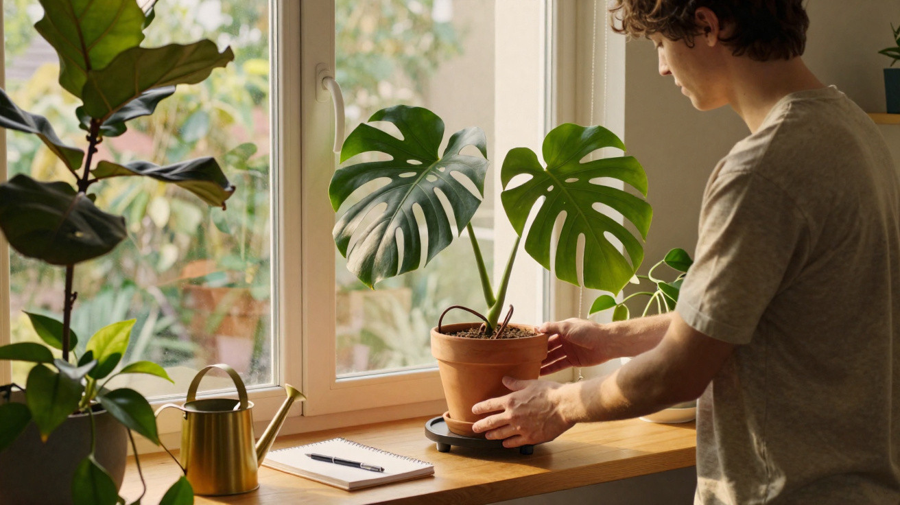 Person adjusting a potted monstera plant on a wooden windowsill with other plants and a watering can nearby.