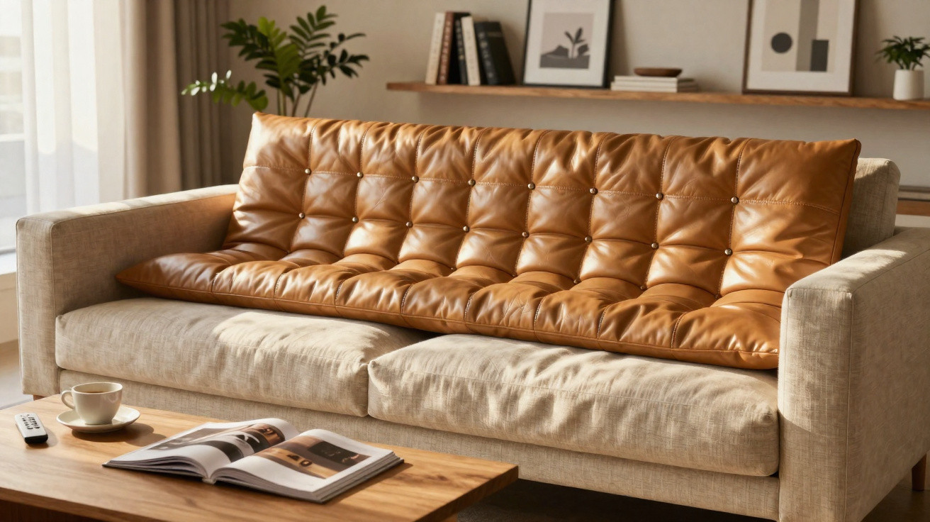 Beige fabric sofa with a long brown leather cushion in a sunlit living room with a wooden coffee table.