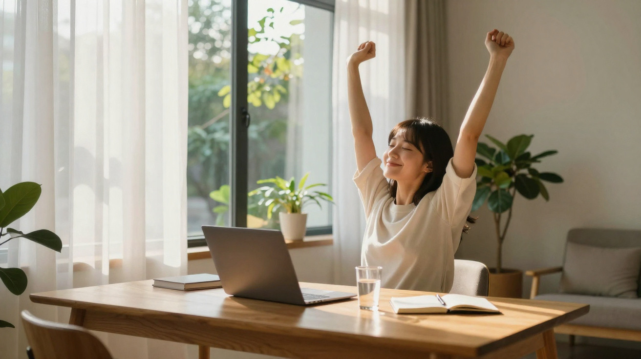Woman stretching arms while sitting at wooden table with laptop, book, and glass of water by bright window