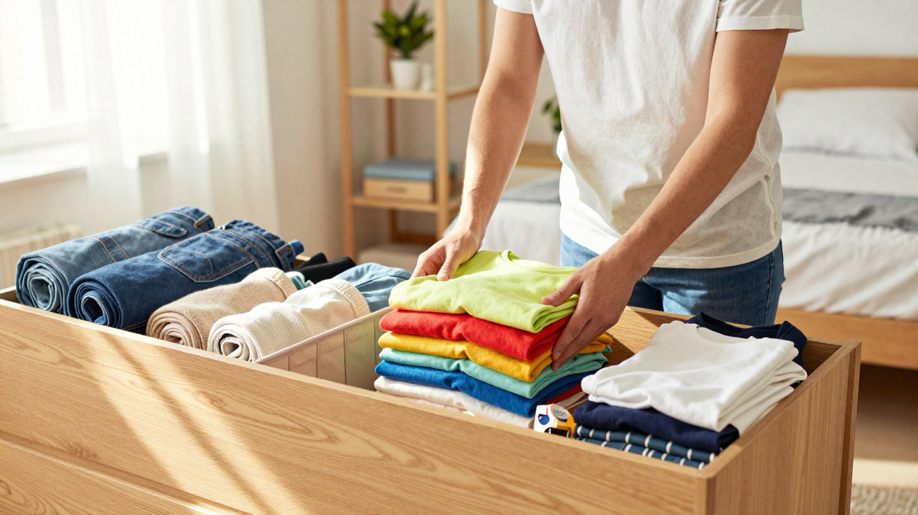 Person organising neatly folded clothes and jeans in a wooden drawer in a bright bedroom.