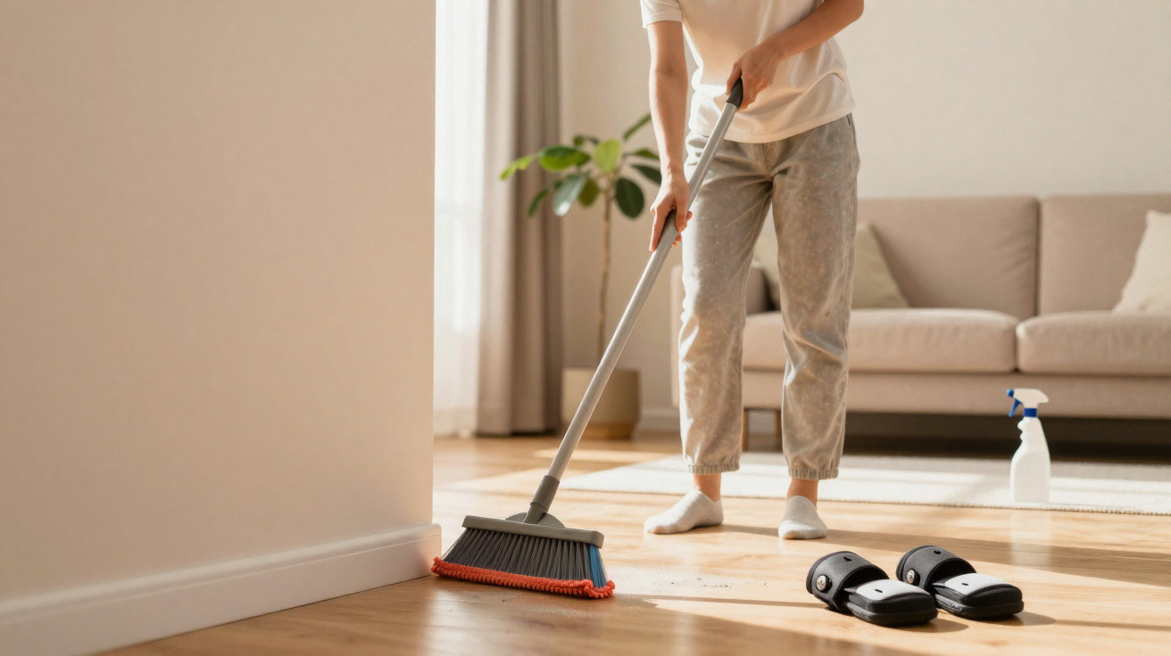 Person sweeping wooden floor in living room with sofa, slippers, and spray bottle nearby