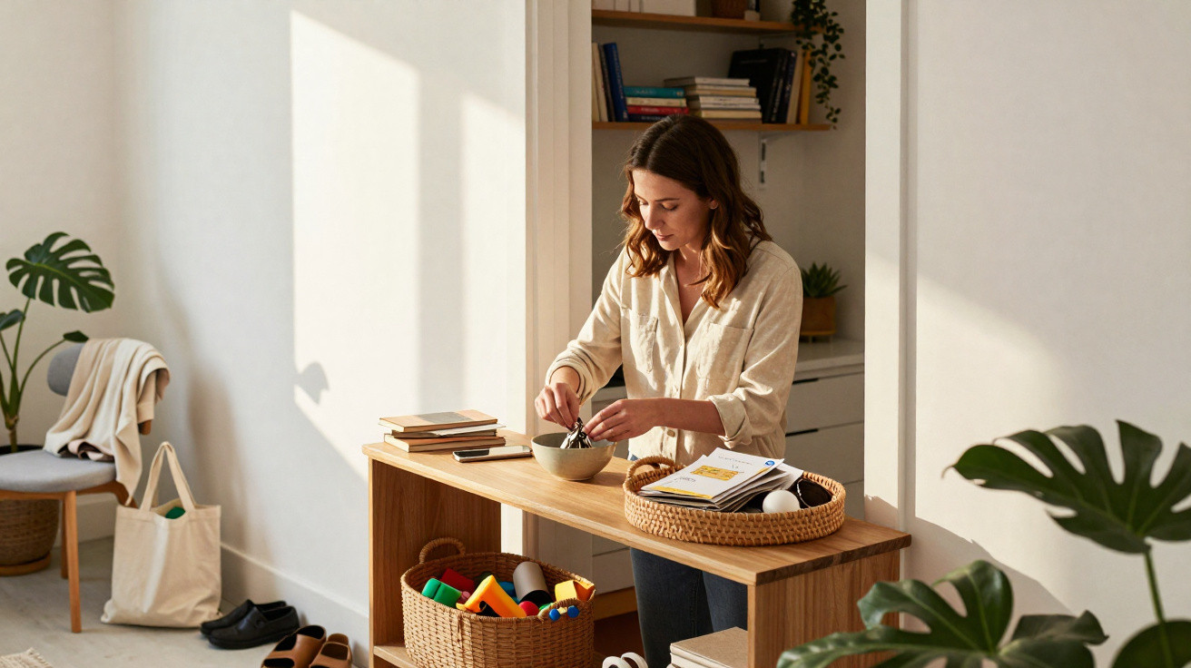 Woman preparing food at a wooden kitchen counter with baskets and books in a sunlit, modern home interior.