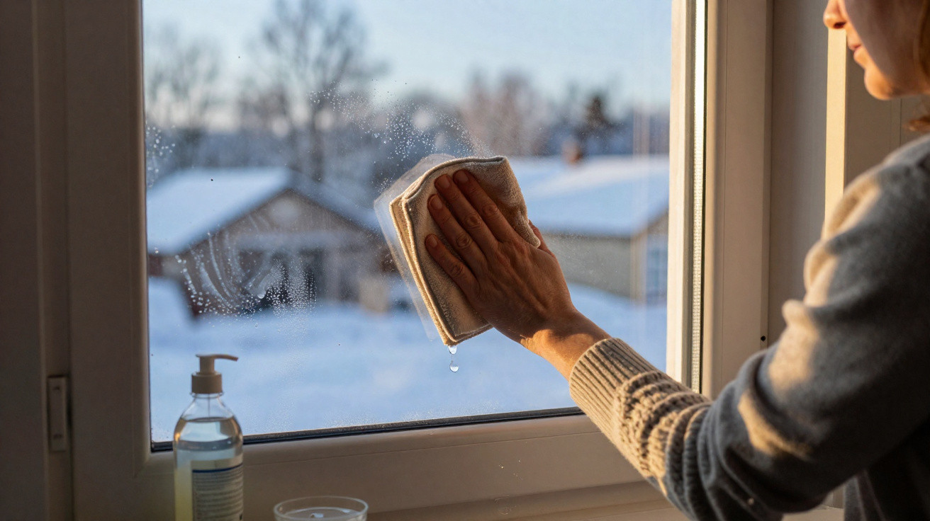 Person wiping a window with a cloth on a snowy day, with a bottle of liquid soap nearby.
