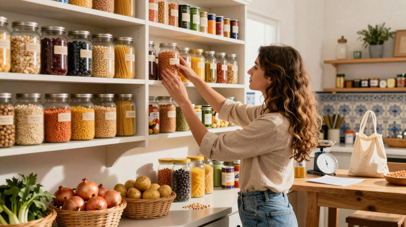 Woman organising glass jars filled with beans and pasta on kitchen shelves in a rustic home kitchen.